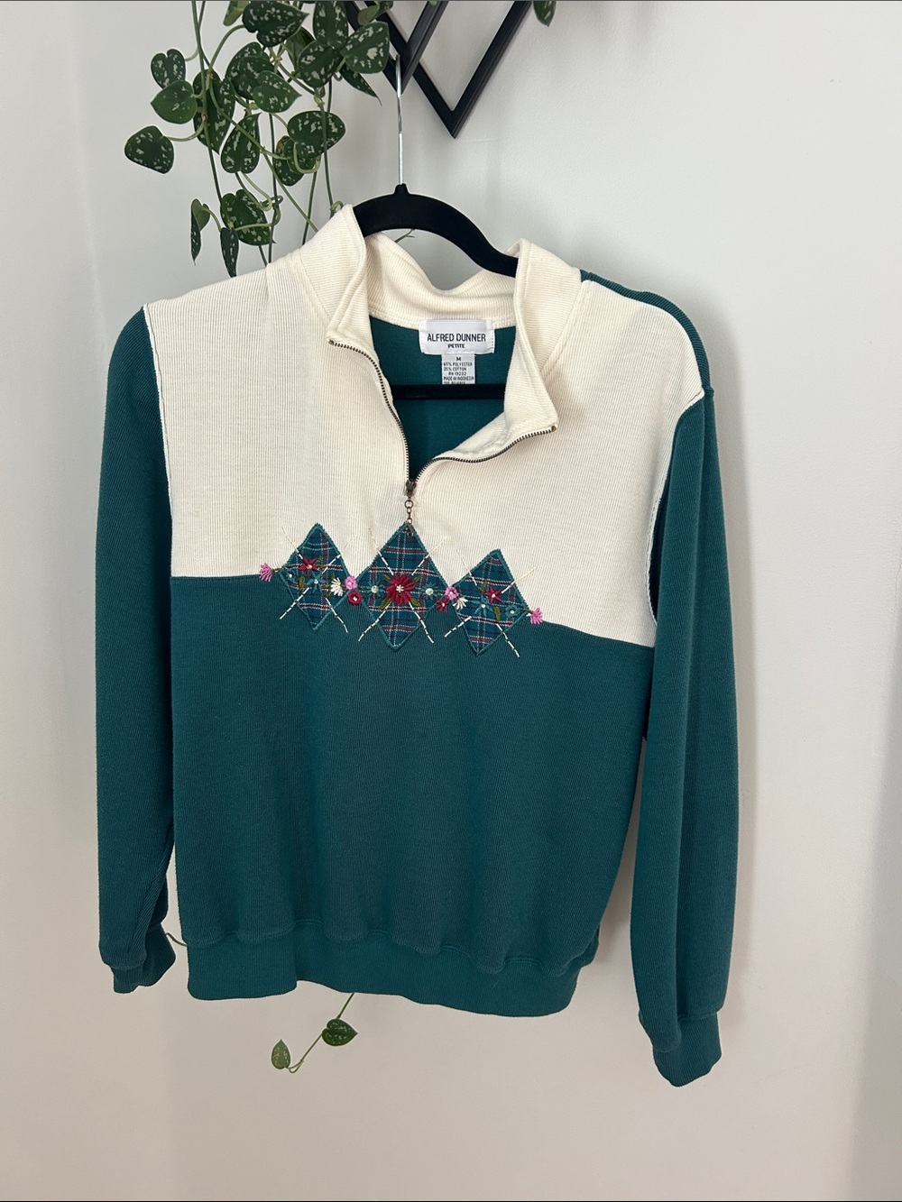 Vintage Alfred Dunner Teal and Cream Half-Zip Sweater